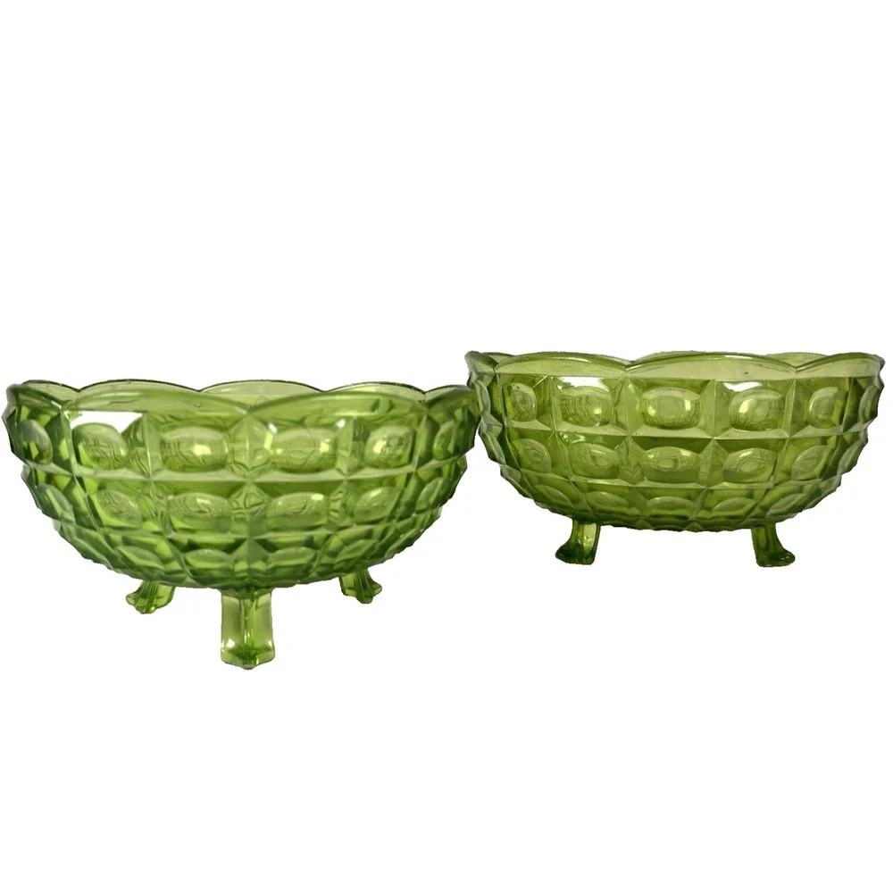 Vtg REGALINE Bowl Dish Set 2 Green Footed Acrylic Block Pattern Mid Century MCM
